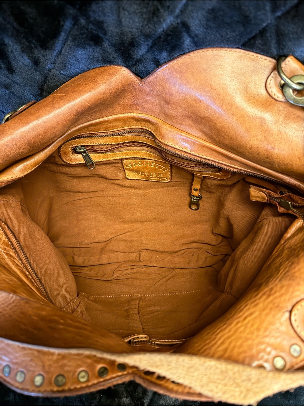 Studded Tan Leather Shoulder Bag with Antiqued Hardware - Picture 5 of 9